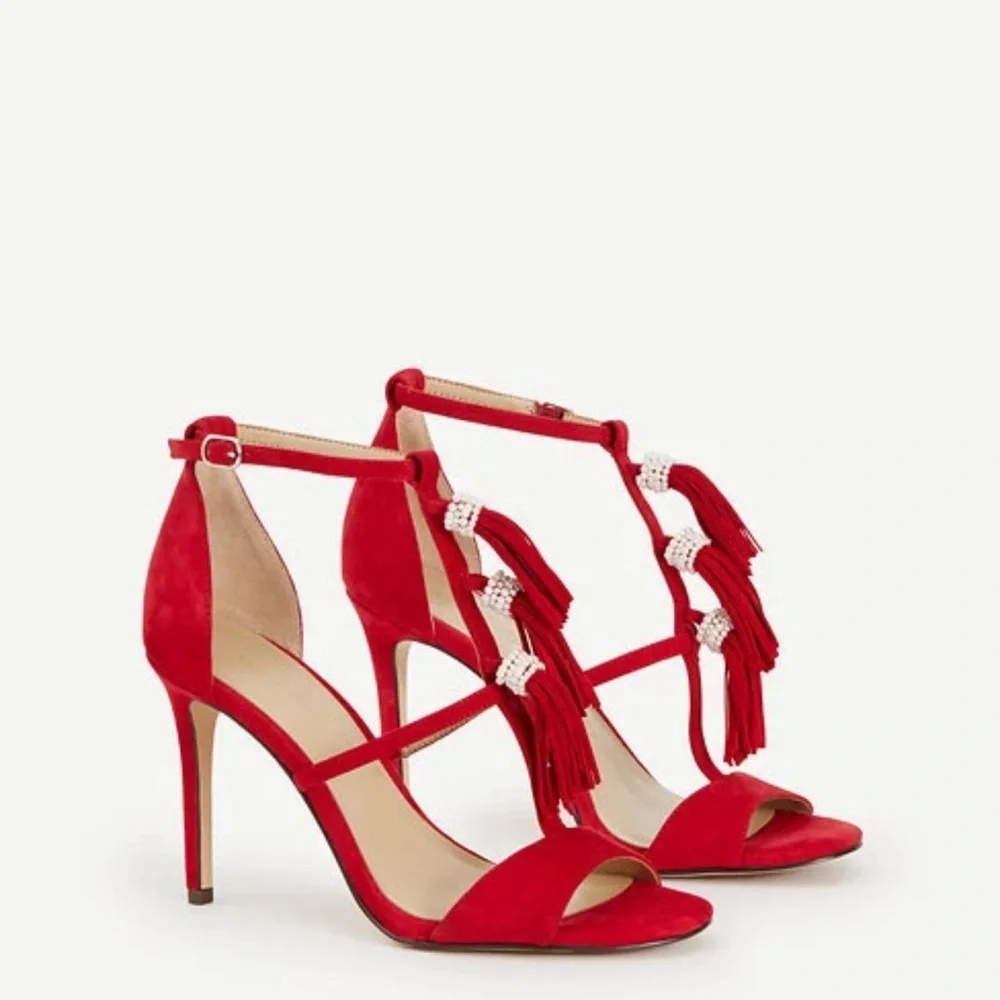 Ann Taylor Adina Fringe stiletto sandals red suede with pearlized tassels 9 NWT